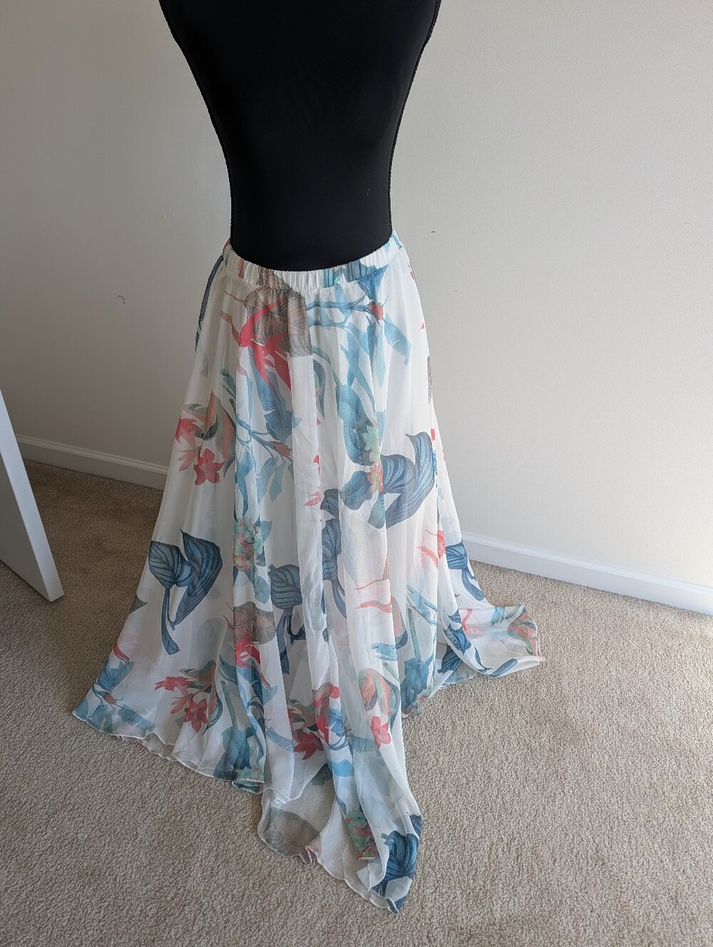 Floral Chiffon Maxi Skirt - White with Blue & Coral Floral Print